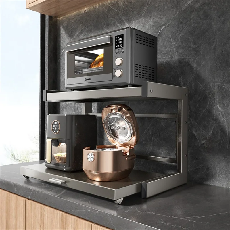 50x32x44cm 2-Tier Kitchen Microwave Oven Rack Stand with Pull-Out Drawer Carbon Steel Countertop Storage Shelf