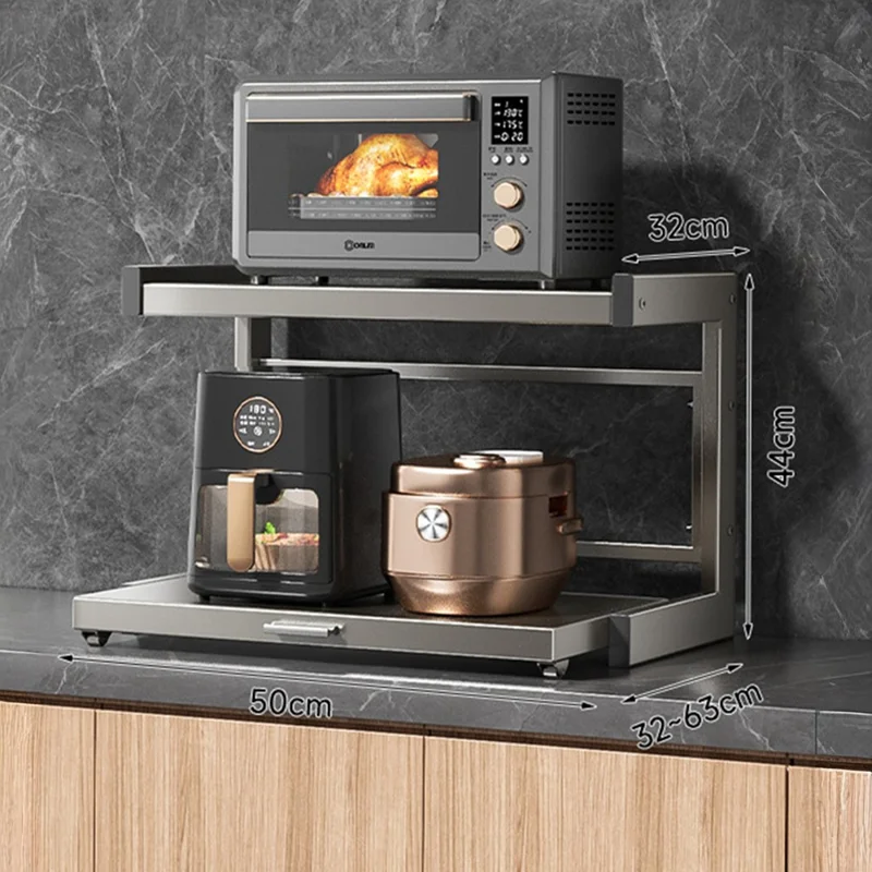 50x32x44cm 2-Tier Kitchen Microwave Oven Rack Stand with Pull-Out Drawer Carbon Steel Countertop Storage Shelf