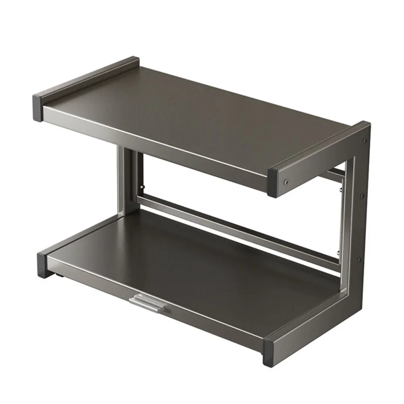 60x32x44cm 2-Tier Kitchen Microwave Oven Rack Stand with Pull-Out Drawer Carbon Steel Countertop Storage Shelf