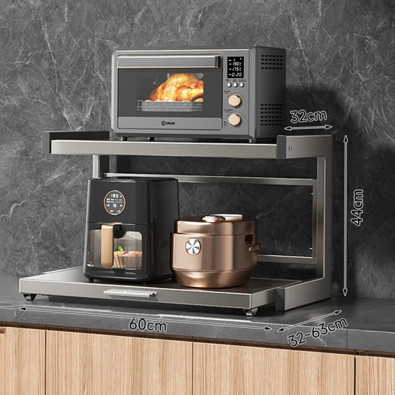 60x32x44cm 2-Tier Kitchen Microwave Oven Rack Stand with Pull-Out Drawer Carbon Steel Countertop Storage Shelf