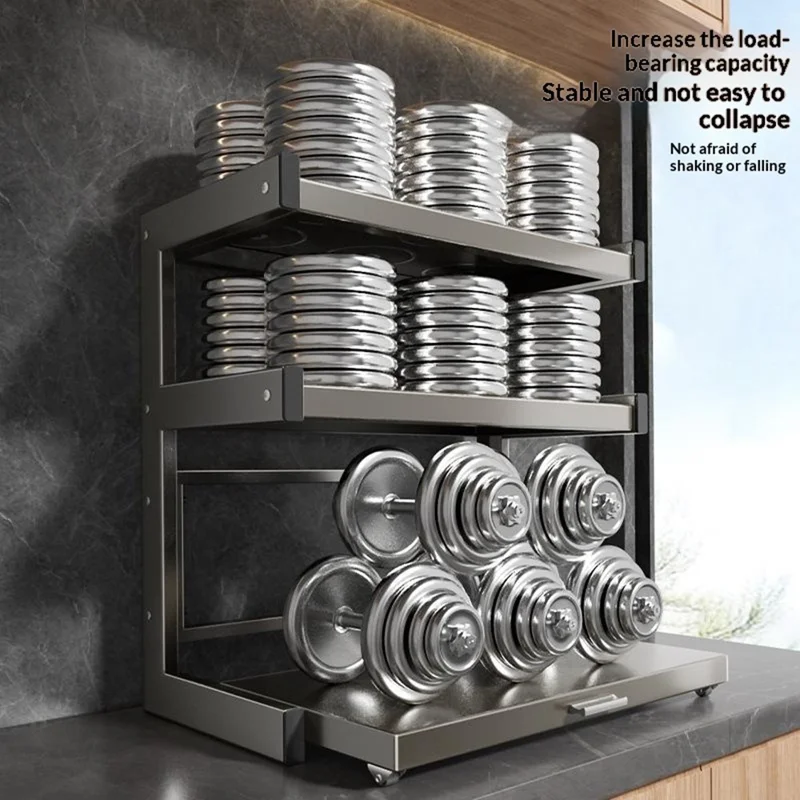 50x32x64cm 3-Tier Kitchen Microwave Oven Rack Stand with Pull-Out Drawer Carbon Steel Countertop Storage Shelf