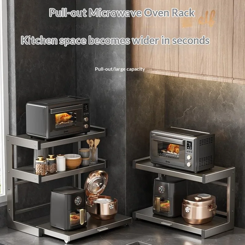 50x32x64cm 3-Tier Kitchen Microwave Oven Rack Stand with Pull-Out Drawer Carbon Steel Countertop Storage Shelf