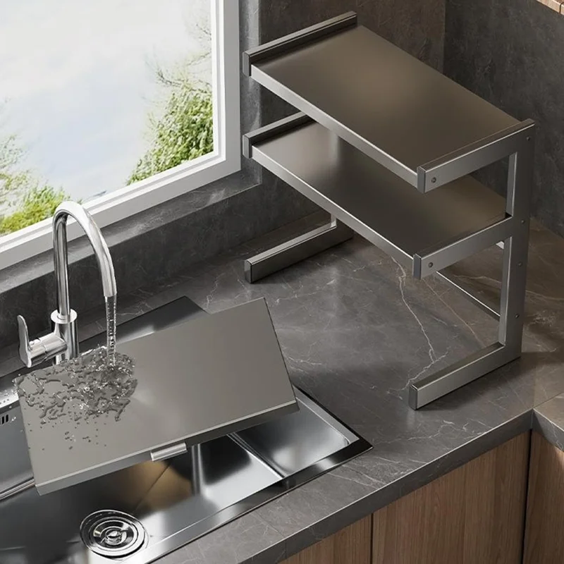 50x32x64cm 3-Tier Kitchen Microwave Oven Rack Stand with Pull-Out Drawer Carbon Steel Countertop Storage Shelf