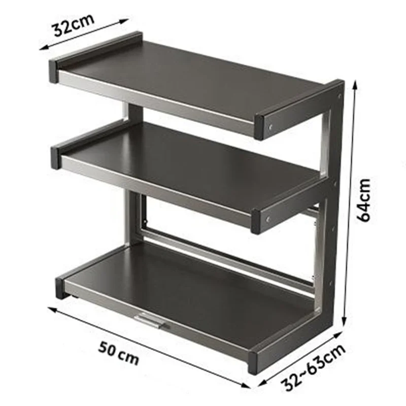 50x32x64cm 3-Tier Kitchen Microwave Oven Rack Stand with Pull-Out Drawer Carbon Steel Countertop Storage Shelf