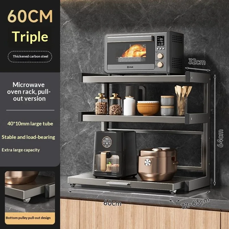60x32x44cm 3-Tier Kitchen Microwave Oven Rack Stand with Pull-Out Drawer Carbon Steel Countertop Storage Shelf