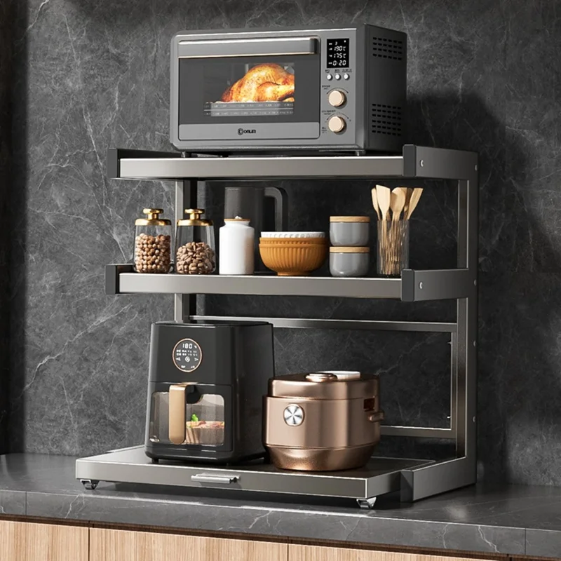60x32x44cm 3-Tier Kitchen Microwave Oven Rack Stand with Pull-Out Drawer Carbon Steel Countertop Storage Shelf
