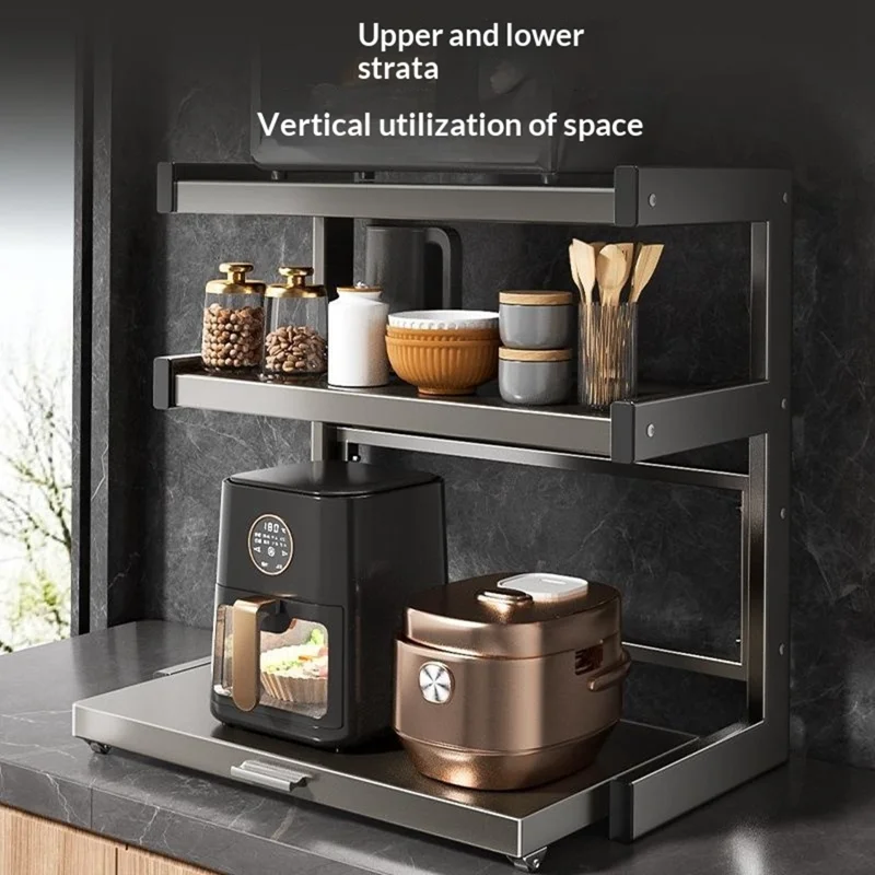 60x32x44cm 3-Tier Kitchen Microwave Oven Rack Stand with Pull-Out Drawer Carbon Steel Countertop Storage Shelf