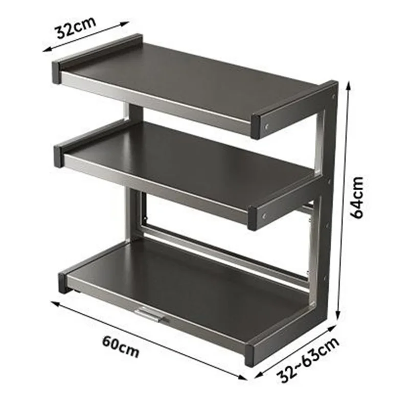 60x32x44cm 3-Tier Kitchen Microwave Oven Rack Stand with Pull-Out Drawer Carbon Steel Countertop Storage Shelf