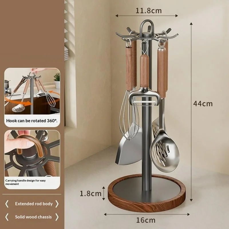 360 Degree Rotating Kitchen Utensil Holder 8 Hooks Swivel Stand Wooden Base Countertop Organizer - Grey