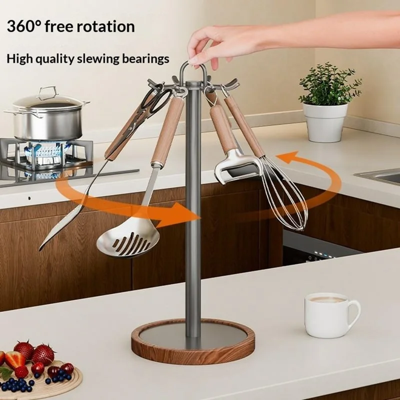 360 Degree Rotating Kitchen Utensil Holder 8 Hooks Swivel Stand Wooden Base Countertop Organizer - Grey