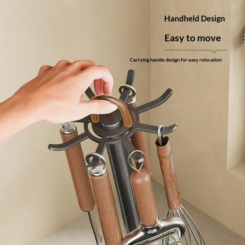 360 Degree Rotating Kitchen Utensil Holder 8 Hooks Swivel Stand Wooden Base Countertop Organizer - Grey