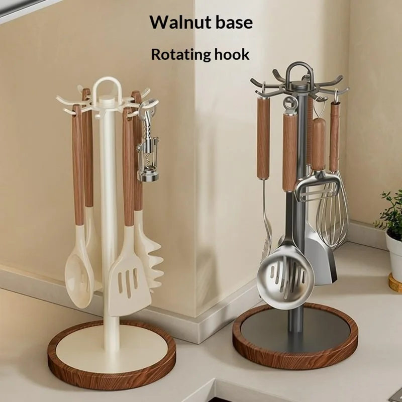360 Degree Rotating Kitchen Utensil Holder 8 Hooks Swivel Stand Wooden Base Countertop Organizer - Grey