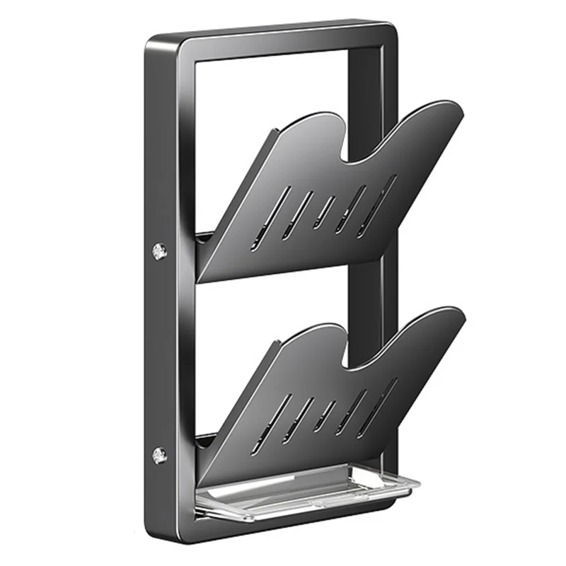 رف حامل لأغطية القدور بمستويين، قابل للطي، مثبت على الحائط، مصنوع من الفولاذ الكربوني، بدون مسامير، رف منظم للمطبخ - رمادي
