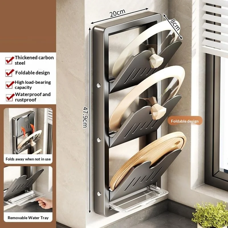 Étagère murale 3 niveaux pour planches à découper et couvercles de casseroles, armoire pliable en acier au carbone sans perçage, organisateur de cuisine - Gris