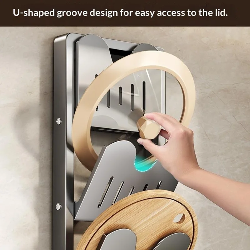 Étagère murale 3 niveaux pour planches à découper et couvercles de casseroles, armoire pliable en acier au carbone sans perçage, organisateur de cuisine - Gris