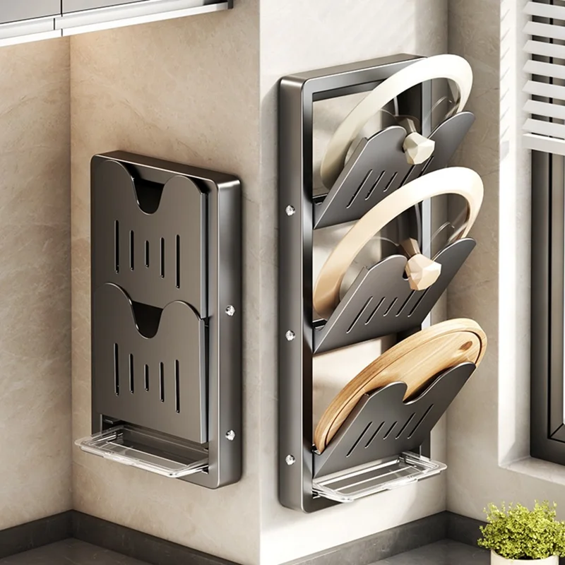 Étagère murale 3 niveaux pour planches à découper et couvercles de casseroles, armoire pliable en acier au carbone sans perçage, organisateur de cuisine - Gris