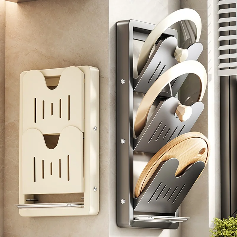 Étagère murale 3 niveaux pour planches à découper et couvercles de casseroles, armoire pliable en acier au carbone sans perçage, organisateur de cuisine - Gris