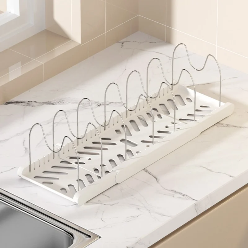 Rack de Rangement Télescopique pour Ustensiles de Cuisine, Organisateur de Cuisine Réglable, Support de Rangement Multicouche pour Casseroles et Couvercles - Blanc