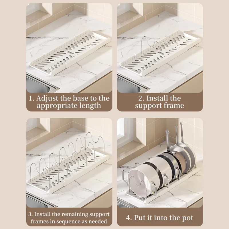 Rack de Rangement Télescopique pour Ustensiles de Cuisine, Organisateur de Cuisine Réglable, Support de Rangement Multicouche pour Casseroles et Couvercles - Blanc