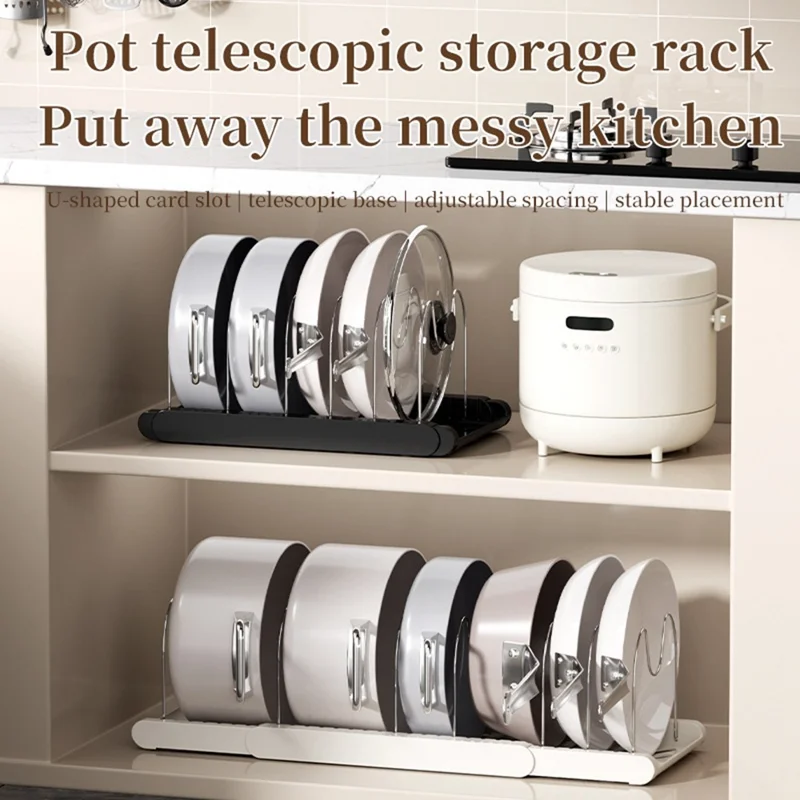 Rack de Rangement Télescopique pour Ustensiles de Cuisine, Organisateur de Cuisine Réglable, Support de Rangement Multicouche pour Casseroles et Couvercles - Blanc