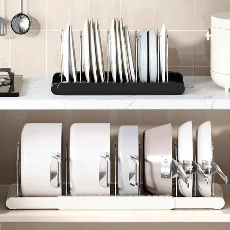 Rack de Rangement Télescopique pour Ustensiles de Cuisine, Organisateur de Cuisine Réglable, Support de Rangement Multicouche pour Casseroles et Couvercles - Blanc