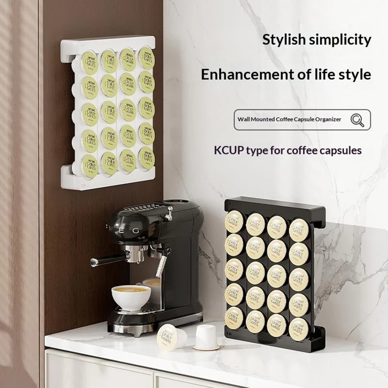 Support Murale pour Capsules de Café K-Cup, Rangement Mural de 20 Trous, Fixation Magnétique sans Perçage, Noir