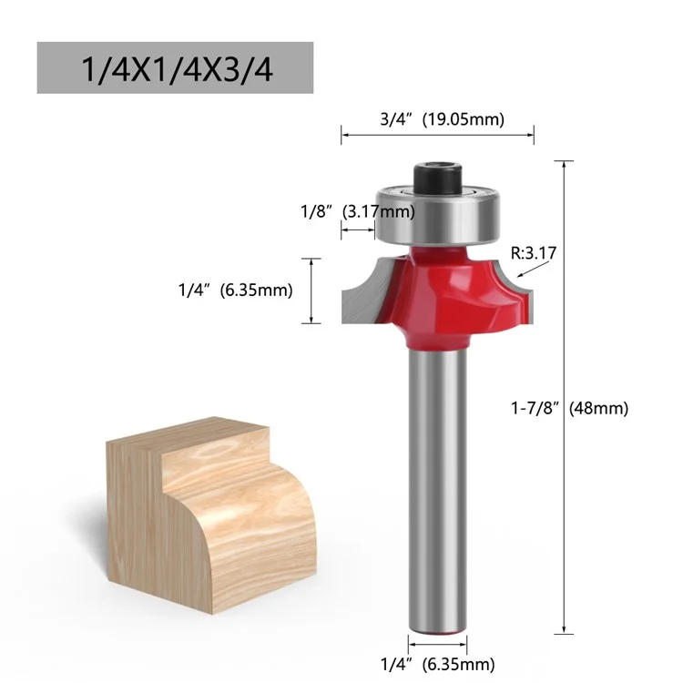 MC01035T9A 1 / 4 x 3 / 4 Inch Wood Trimming Milling Cutter Necking Tool Round Over Bit with Plastic Box