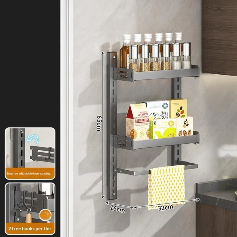 3-Tier Wall Mounted Kitchen Storage Rack with 4Pcs Hooks & Single-Layer Hanging Rod No Drill Adjustable Spice Organizer for Cabinet Door - Grey