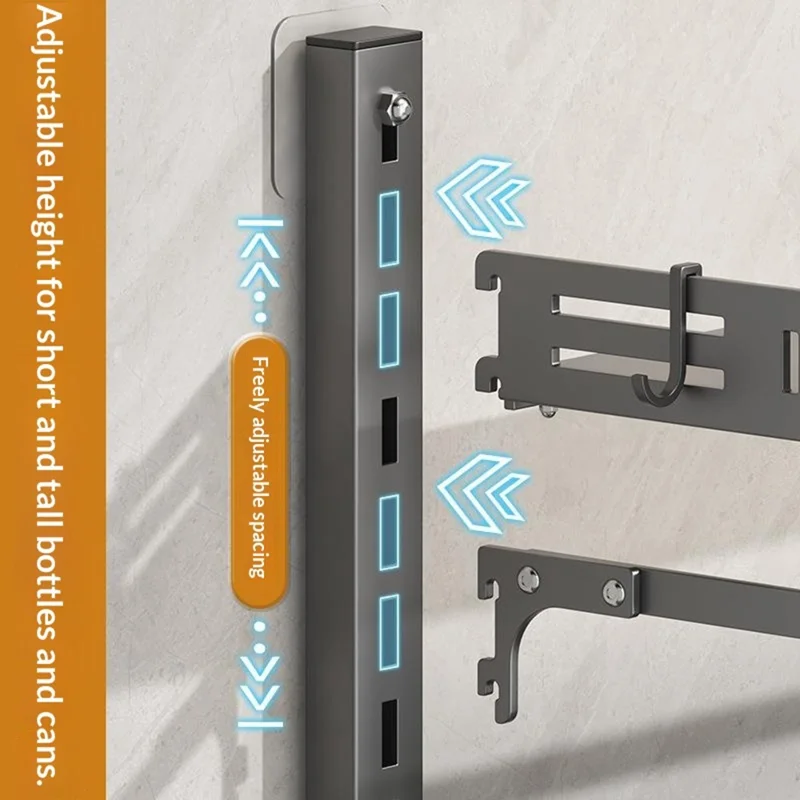 3-Tier Wall Mounted Kitchen Storage Rack with 4Pcs Hooks & Single-Layer Hanging Rod No Drill Adjustable Spice Organizer for Cabinet Door - Grey