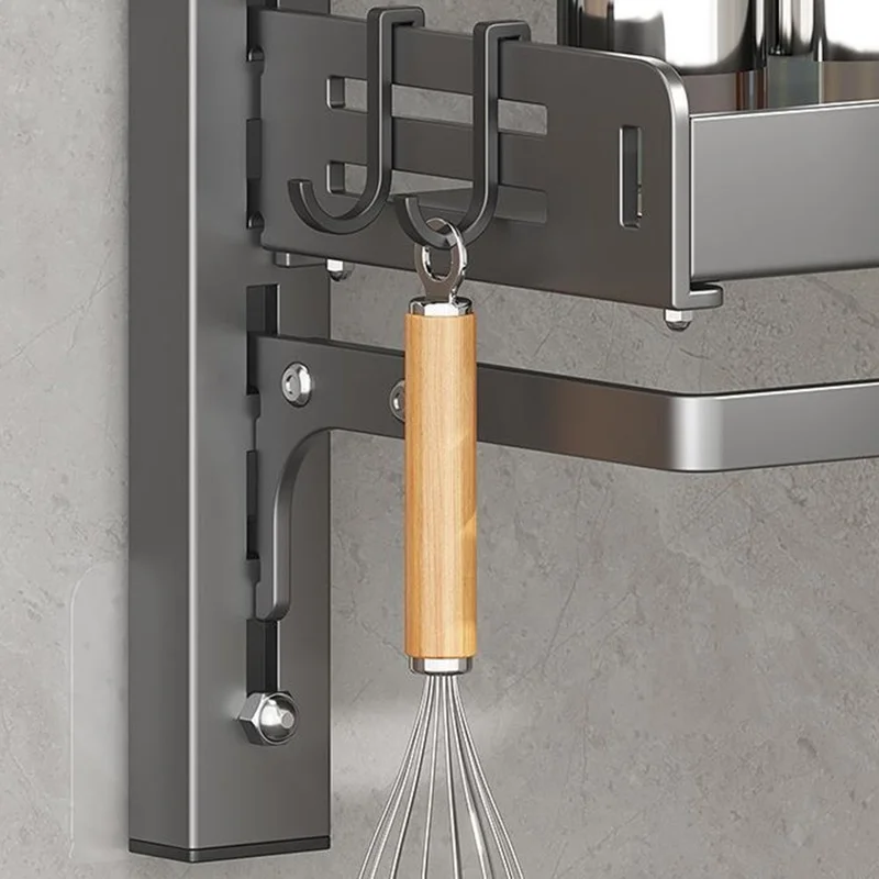 3-Tier Wall Mounted Kitchen Storage Rack with 4Pcs Hooks & Single-Layer Hanging Rod No Drill Adjustable Spice Organizer for Cabinet Door - Grey