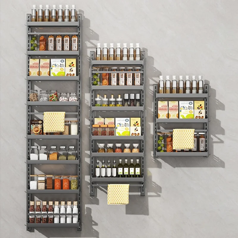 3-Tier Wall Mounted Kitchen Storage Rack with 4Pcs Hooks & Single-Layer Hanging Rod No Drill Adjustable Spice Organizer for Cabinet Door - Grey