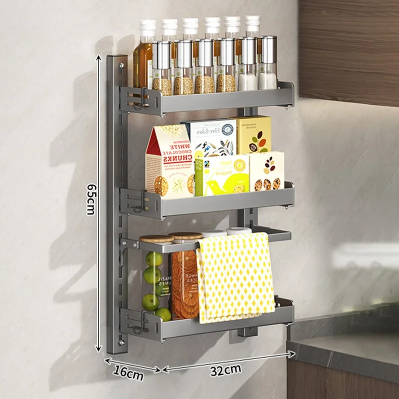 3-Tier Wall Mounted Kitchen Storage Rack with 6Pcs Hooks & Single-Layer Hanging Rod No Drill Adjustable Spice Organizer for Cabinet Door - Grey