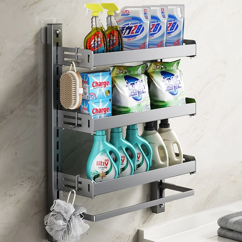 3-Tier Wall Mounted Kitchen Storage Rack with 6Pcs Hooks & Single-Layer Hanging Rod No Drill Adjustable Spice Organizer for Cabinet Door - Grey