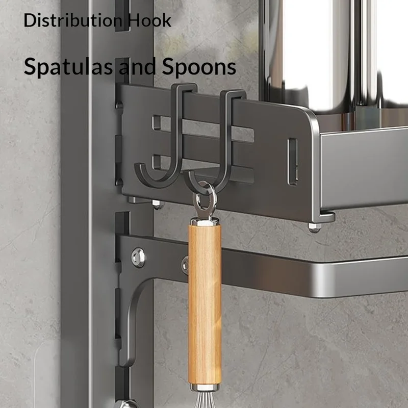 3-Tier Wall Mounted Kitchen Storage Rack with 6Pcs Hooks & Single-Layer Hanging Rod No Drill Adjustable Spice Organizer for Cabinet Door - Grey