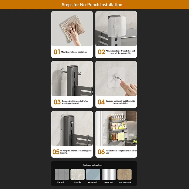 3-Tier Wall Mounted Kitchen Storage Rack with 6Pcs Hooks & Single-Layer Hanging Rod No Drill Adjustable Spice Organizer for Cabinet Door - Grey