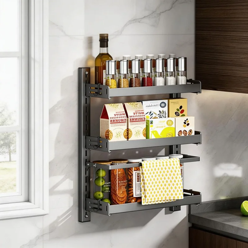 3-Tier Wall Mounted Kitchen Storage Rack with 6Pcs Hooks & Single-Layer Hanging Rod No Drill Adjustable Spice Organizer for Cabinet Door - Grey