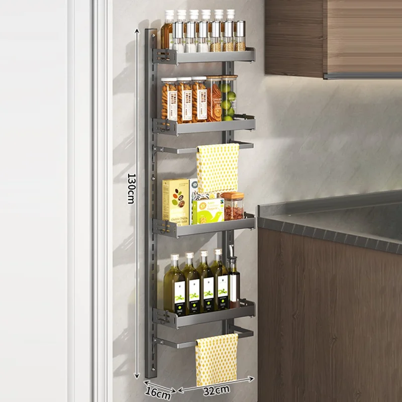 4-Tier Wall Mounted Kitchen Storage Rack with 8Pcs Hooks & 2-Layer Hanging Rod No Drill Adjustable Spice Organizer for Cabinet Door - Grey