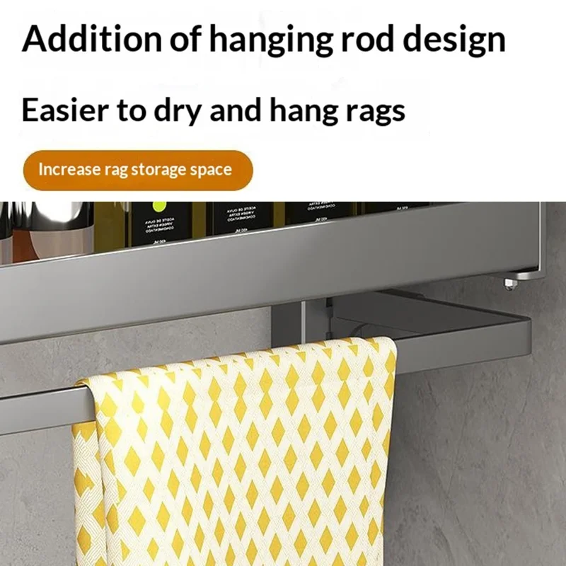 4-Tier Wall Mounted Kitchen Storage Rack with 8Pcs Hooks & 2-Layer Hanging Rod No Drill Adjustable Spice Organizer for Cabinet Door - Grey