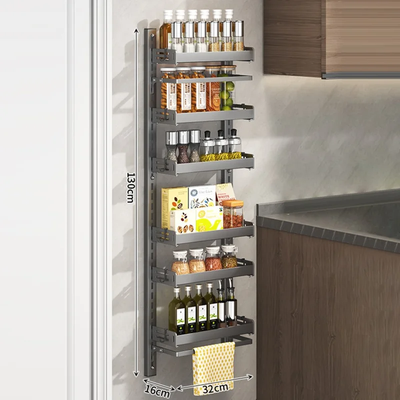 6-Tier Wall Mounted Kitchen Storage Rack with 12Pcs Hooks & 2-Layer Hanging Rod No Drill Adjustable Spice Organizer for Cabinet Door - Grey