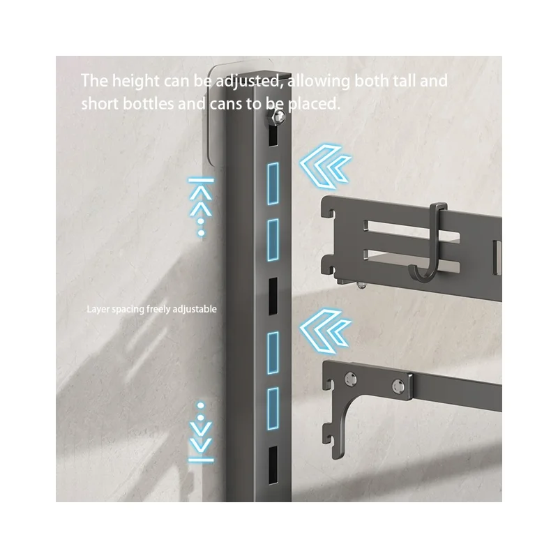 6-Tier Wall Mounted Kitchen Storage Rack with 12Pcs Hooks & 2-Layer Hanging Rod No Drill Adjustable Spice Organizer for Cabinet Door - Grey