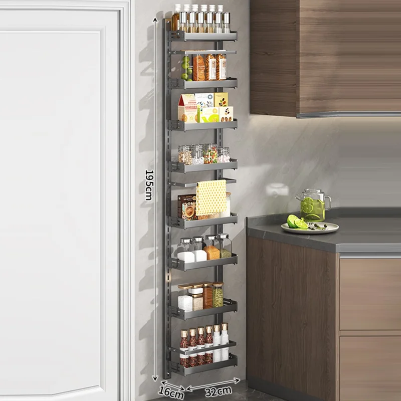 8-Tier Wall Mounted Kitchen Storage Rack with 16Pcs Hooks & 3-Layer Hanging Rod No Drill Adjustable Spice Organizer for Cabinet Door - Grey