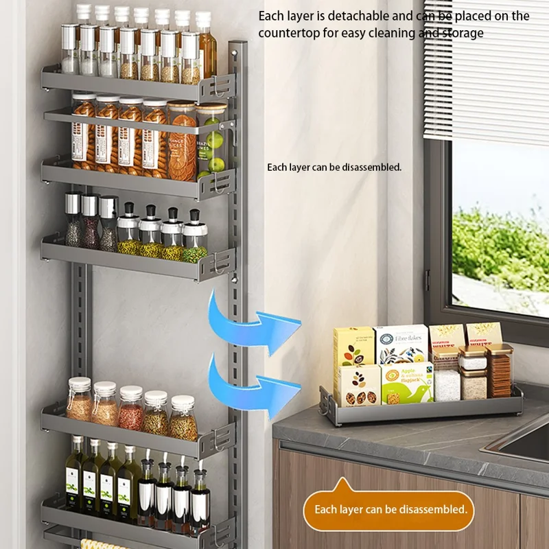 8-Tier Wall Mounted Kitchen Storage Rack with 16Pcs Hooks & 3-Layer Hanging Rod No Drill Adjustable Spice Organizer for Cabinet Door - Grey