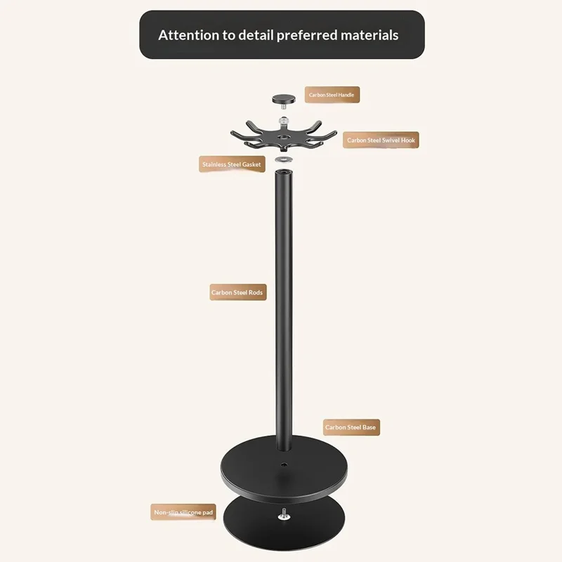 360 Degree Rotating Kitchen Utensil Holder Rack 8-Hook Carbon Steel Organizer Stand for Countertop Storage - Grey Black