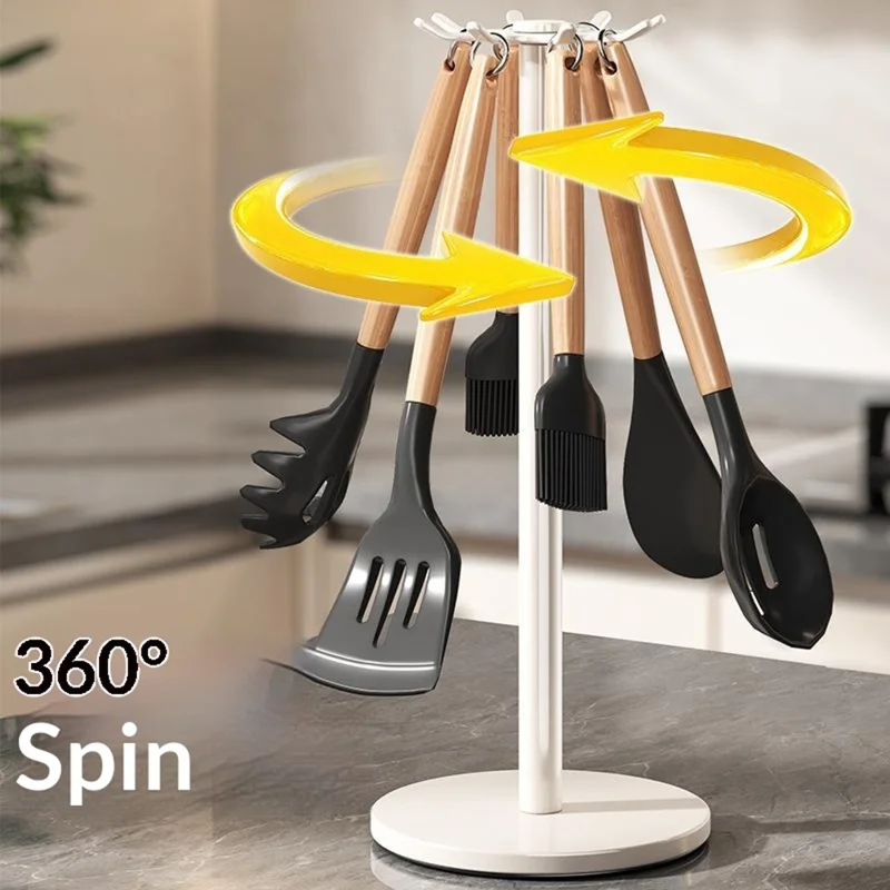 360 Degree Rotating Kitchen Utensil Holder Rack 8-Hook Carbon Steel Organizer Stand for Countertop Storage - Grey Black