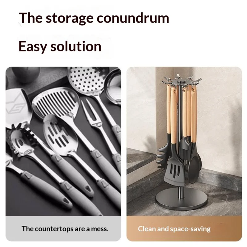 360 Degree Rotating Kitchen Utensil Holder Rack 8-Hook Carbon Steel Organizer Stand for Countertop Storage - Grey Black