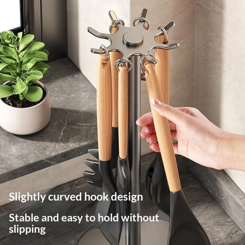 360 Degree Rotating Kitchen Utensil Holder Rack 8-Hook Carbon Steel Organizer Stand for Countertop Storage - Grey Black