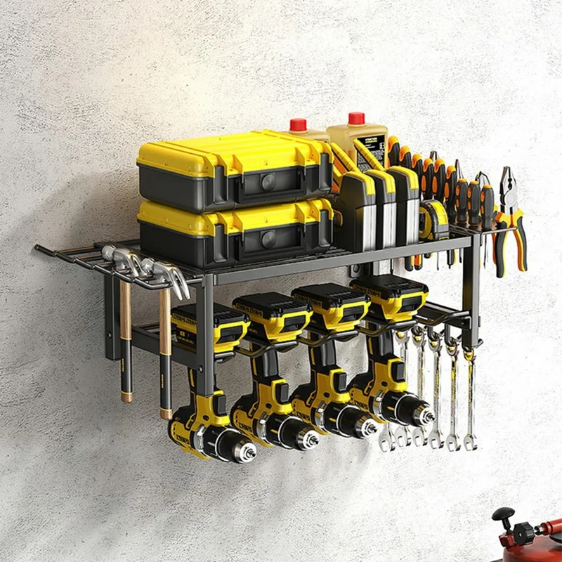 2-Layer Wall Mount Power Tool Storage Rack Garage Workshop Electric Drill Organizer Tool Holder Shelf