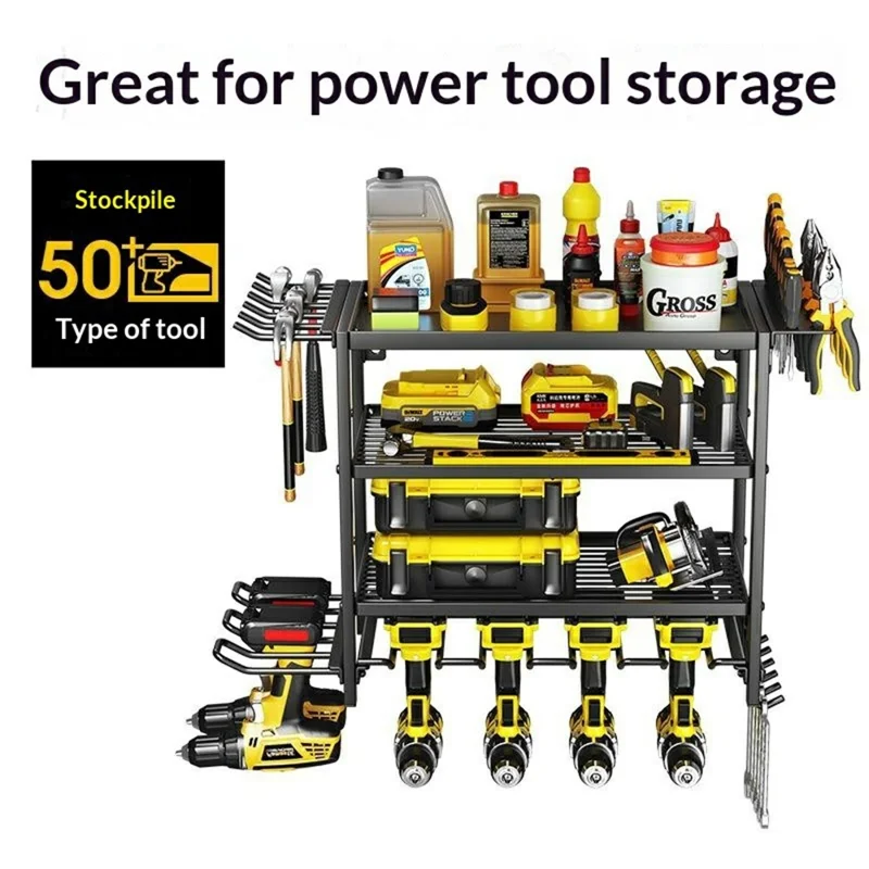 3-Layer Wall Mount Power Tool Storage Rack Garage Workshop Electric Drill Organizer Tool Holder Shelf