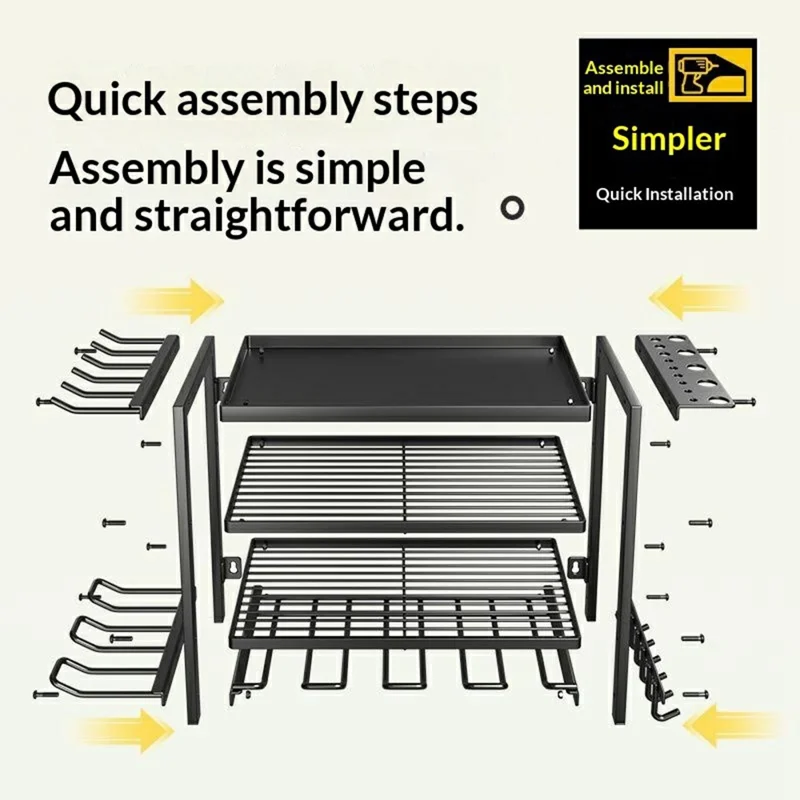 3-Layer Wall Mount Power Tool Storage Rack Garage Workshop Electric Drill Organizer Tool Holder Shelf