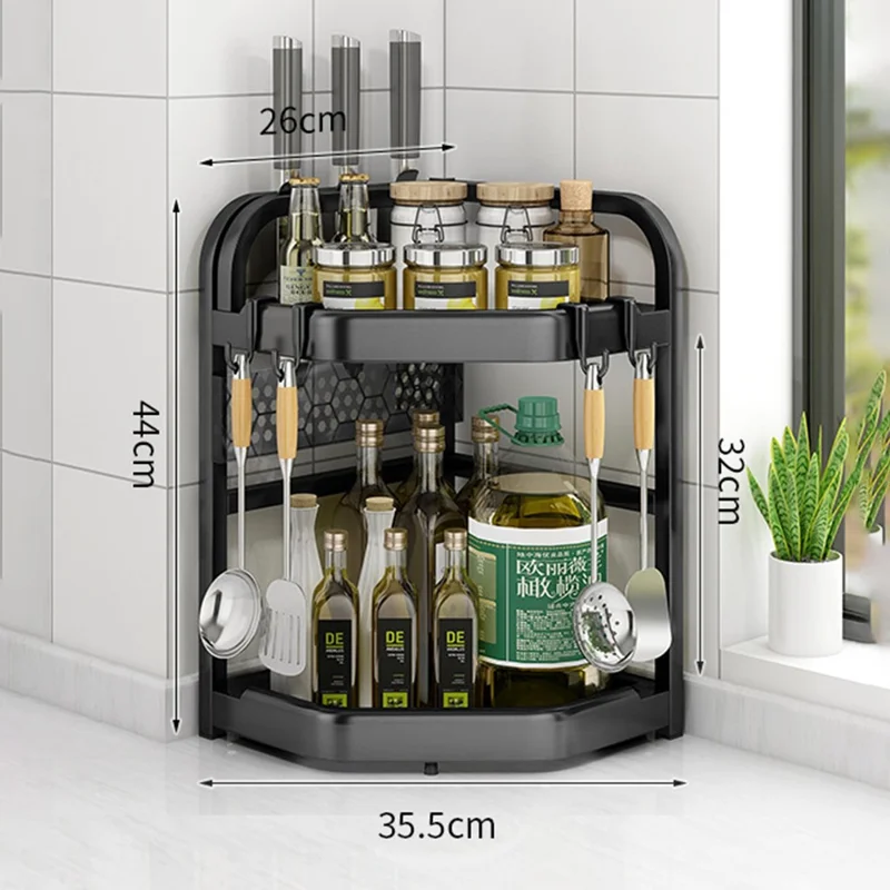 2-Tier 35.5x26x44cm Corner Kitchen Shelf with Knife Slots Organizer Triangle Wall Mount No-Drill Spice Storage Rack for Seasoning Bottles